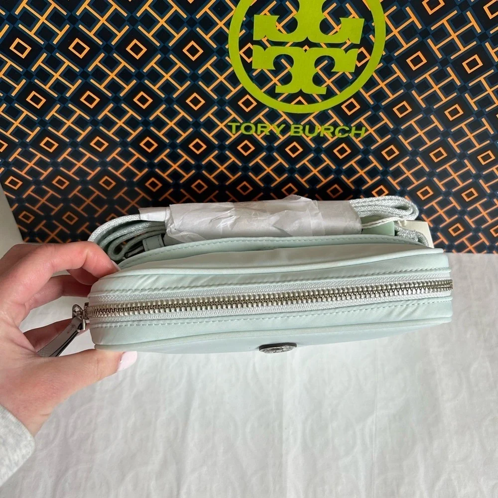 Tory Burch Virginia Nylon Belt Bag Crossbody Bag Ice Blue Silver Baby Blue Light